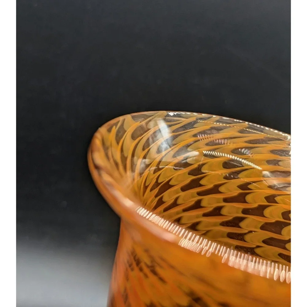 Artisan Hand Blown Amber Orange Swirl Art Glass Trumpet Vase Iridescent Signed